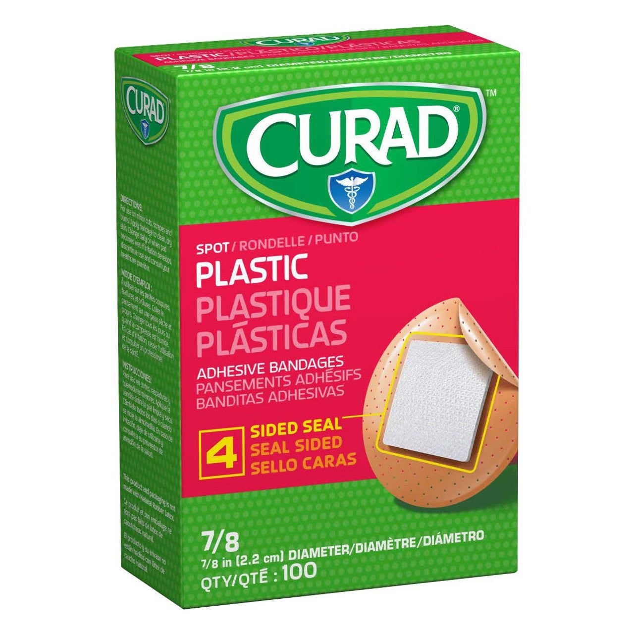 Curad plastic adhesive spot bandages on a medical tape packaging, used for small wound protection and healing.