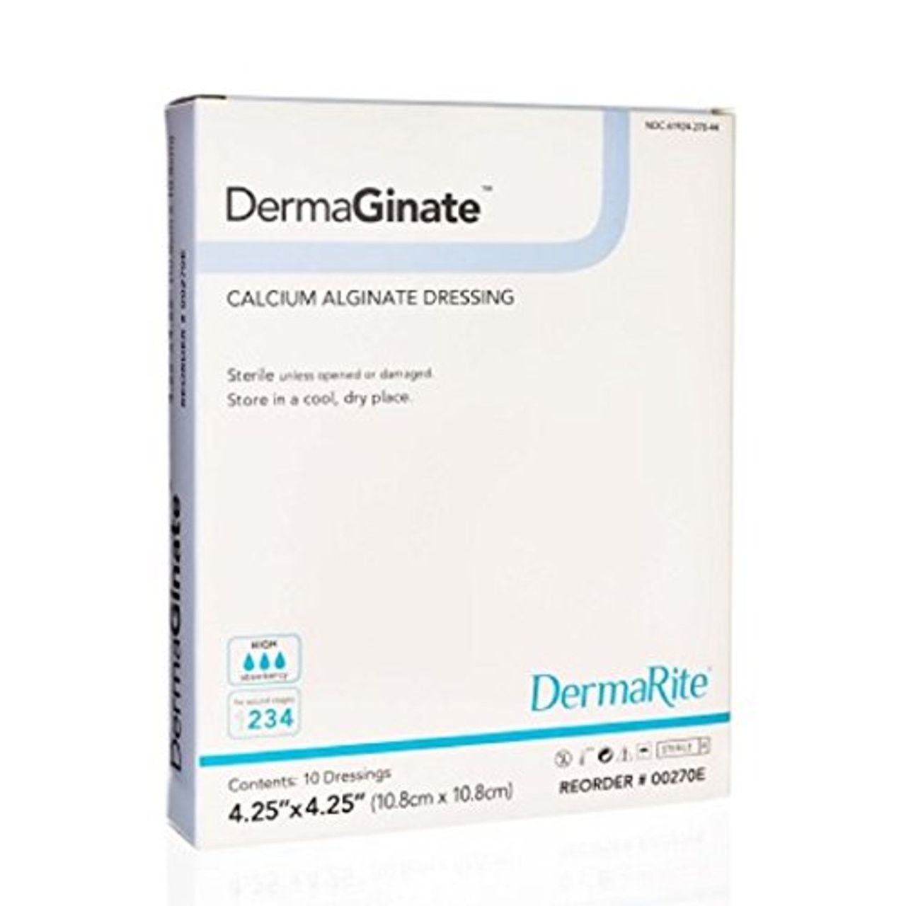 Calcium alginate dressing from DermaRite DermaGinate, 4.25 x 4.25 inches, used for wound care and medical bandaging.