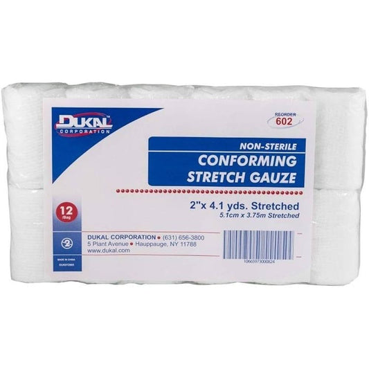Dukar conforming stretch sterile gauze rolls, 2 inches by 4.1 yards, in a case of 12, used for wound dressing and medical care.