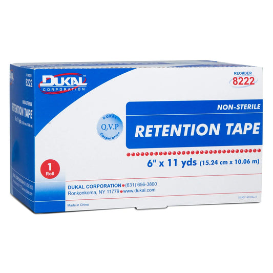 Dukal pre-cut retention tape roll by Pasteur Pharmacy, 6-inch wide, 11 yards long, used for medical bandaging and secure wound care.