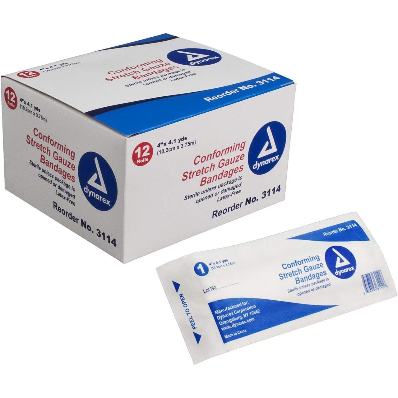 Dynarex 3114 stretch gauze bandages in a bulk box, medical tape and bandages from Pasteur Pharmacy, 96 rolls for wound care.