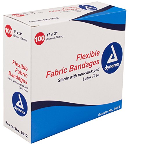 Dynarex tan adhesive fabric bandage, 1 x 3 inches, medical tape from Pasteur Pharmacy, shown on skin for wound coverage.