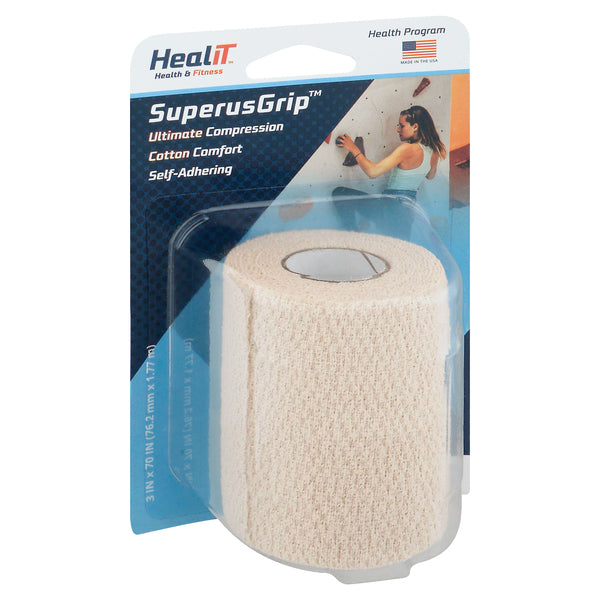 Healit SuperusGrip self-adhering compression wrap in beige, 3-inch by 70-inch, made of 100% cotton for medical support.