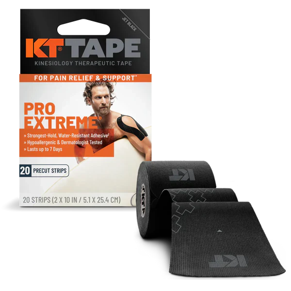 Black KT Tape Pro Extreme kinesiology tape by Pasteur Pharmacy, 8 boxes of 20-count medical tape for muscle support and recovery.