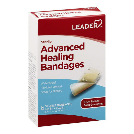 Leader adhesive bandages by Pasteur Pharmacy, large waterproof medical tape for advanced healing, 6-count pack shown in image.