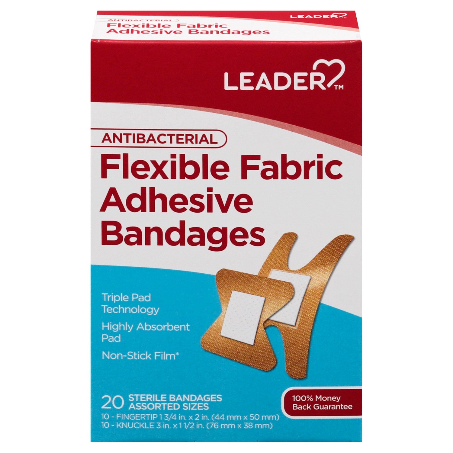 Assorted fabric adhesive bandages with antibacterial properties in a 20-count pack by Pasteur Pharmacy.