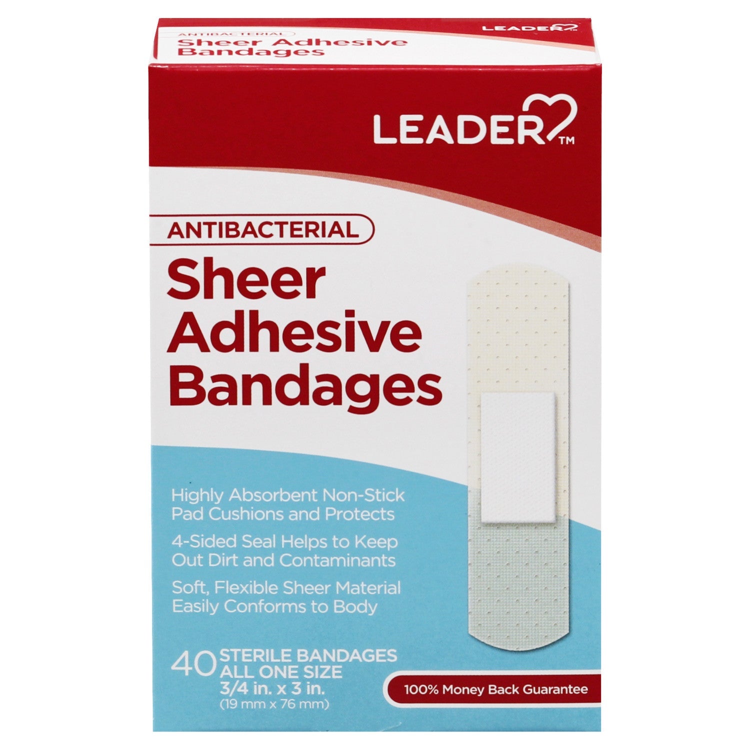 Leader Adhesive Bandages Sheer Antibacterial from Pasteur Pharmacy, 0.75x3 inches, pack of 40, for minor skin injuries.