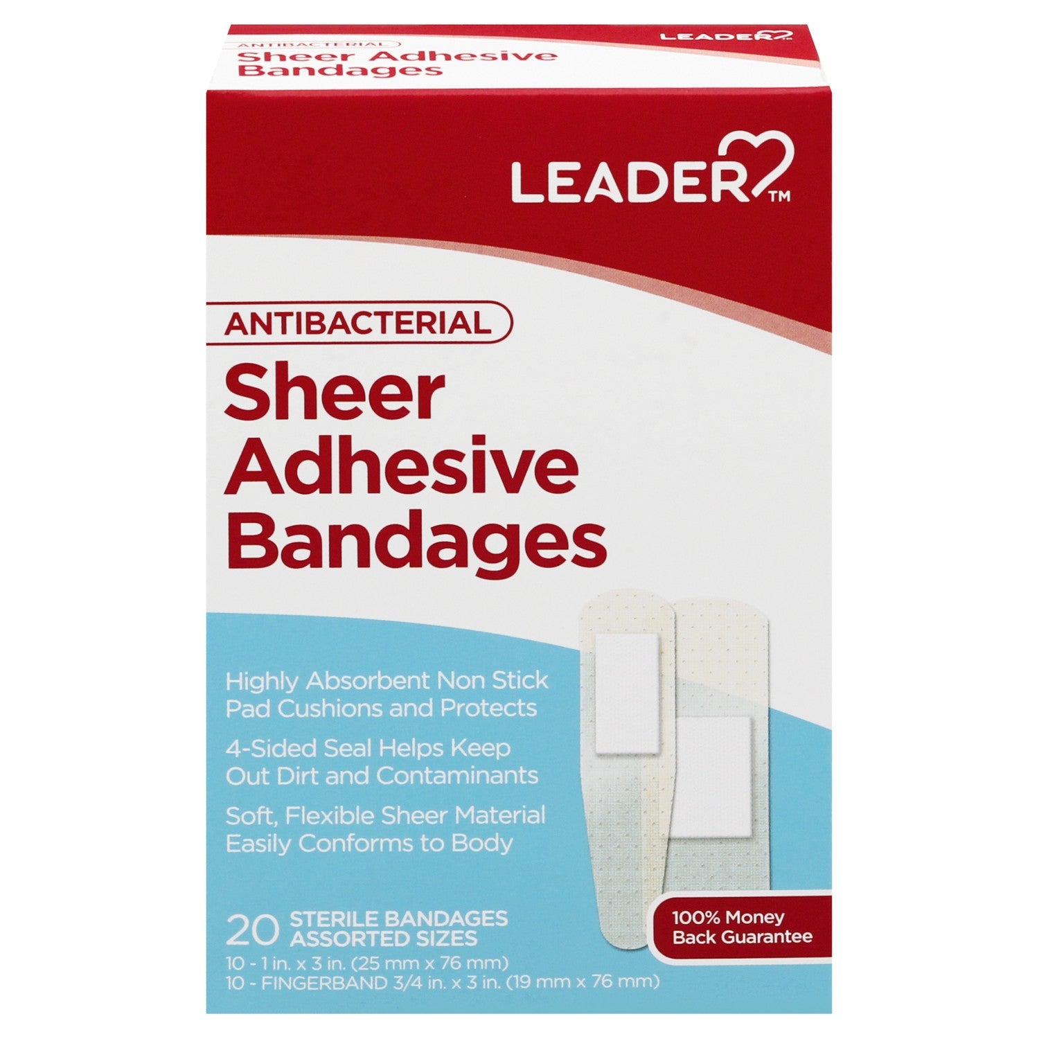 Assorted Leader antibacterial sheer bandages from Pasteur Pharmacy, highly absorbent, medical tape and bandages for wound care.