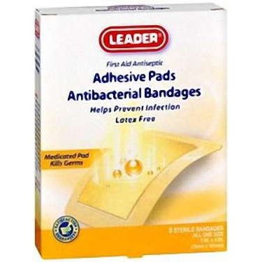 Leader Antibacterial Bandage from Pasteur Pharmacy, 3x4 inches, showing a sterile adhesive bandage with antibacterial properties.