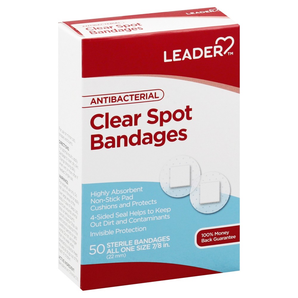 Clear antibacterial Leader Spot Bandages by Pasteur Pharmacy, 7/8 inch adhesive medical tape for wound protection.