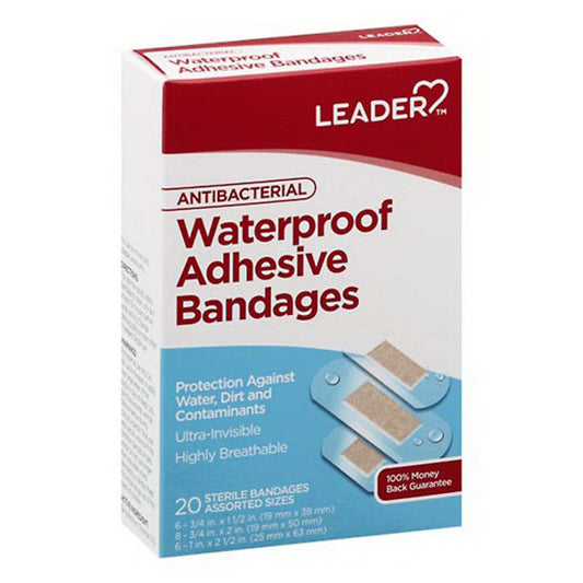 Leader™ Antibacterial Waterproof Bandages from Pasteur Pharmacy, 20-pack, with elastic waterproof covering and antibacterial protection.