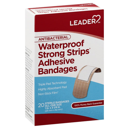 Leader™ Antibacterial Waterproof Strong Strips medical tape from Pasteur Pharmacy, 20-count, showing adhesive strips for wound care.