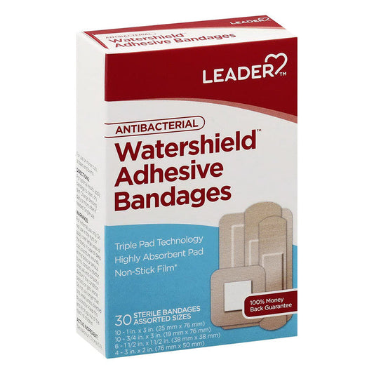 Leader™ Antibacterial Watershield Adhesive Bandages from Pasteur Pharmacy in assorted sizes, shown in a 30-count package.