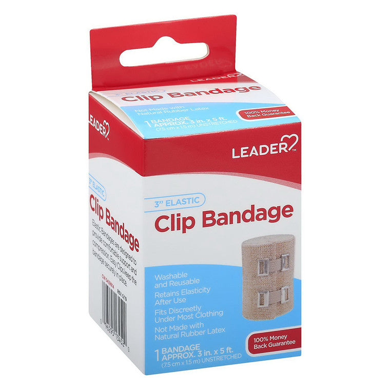 Leader™ Elastic Clip Bandage, 3-inch wide, medical tape and bandage from Pasteur Pharmacy, shown wrapped around a patient's arm.