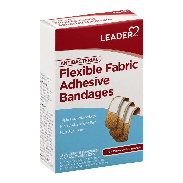 Assorted 30-pack of Leader flexible fabric adhesive bandages by Pasteur Pharmacy, ideal for minor cuts and injuries.