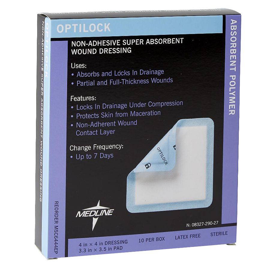 Medline OptiLock Non-Adhesive Dressings 4x4 inches, medical bandages with sterile, non-stick surface for wound care.