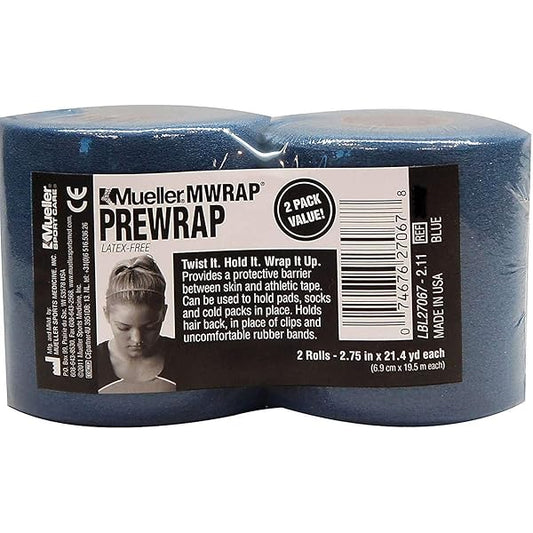 Mueller MWRAP M/P SB 5-in-1 medical tape in blue, 2.75-inch by 21.4 yards, designed for versatile bandaging and wound care.