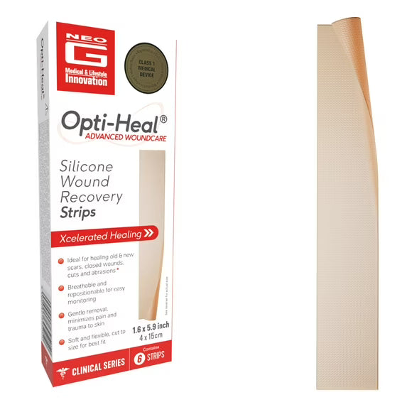 Neo G silicone scar and wound recovery strips on skin, 1.6 x 5.9 inches, medical tape and bandages by Pasteur Pharmacy.