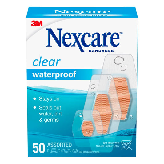 Nexcare 3M waterproof clear bandages in assorted sizes, 50-pack, medical tape and bandages for wound protection.