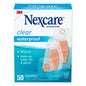 Nexcare 3M waterproof clear bandages in assorted sizes, 50-pack, medical tape and bandages for wound protection.