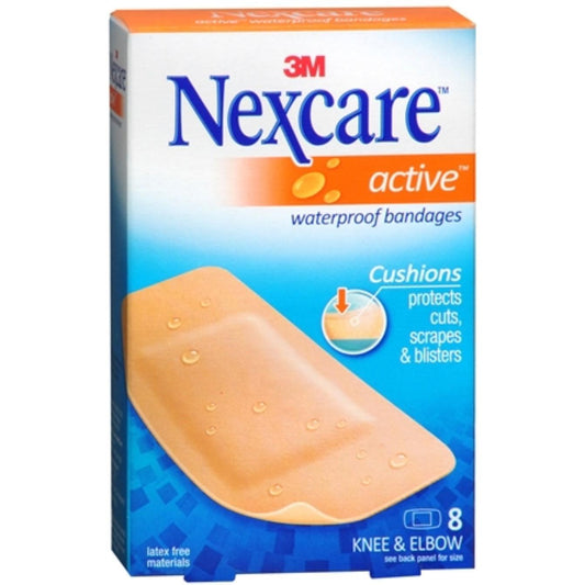 Nexcare Active waterproof bandages on knee and elbow, medical tape and bandages by Pasteur Pharmacy, for wound protection
