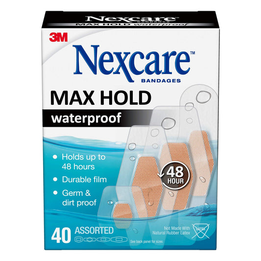 Assorted Nexcare Max Hold Waterproof Bandages from Pasteur Pharmacy, featuring strong adhesive and flexible medical tape for wound care.