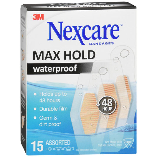 Nexcare Max Hold waterproof assorted bandages in a 15-count pack, designed for strong, reliable wound protection.