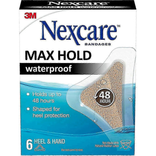 Nexcare Max Hold waterproof heel and hand bandages by Pasteur Pharmacy, designed for secure, durable skin protection.