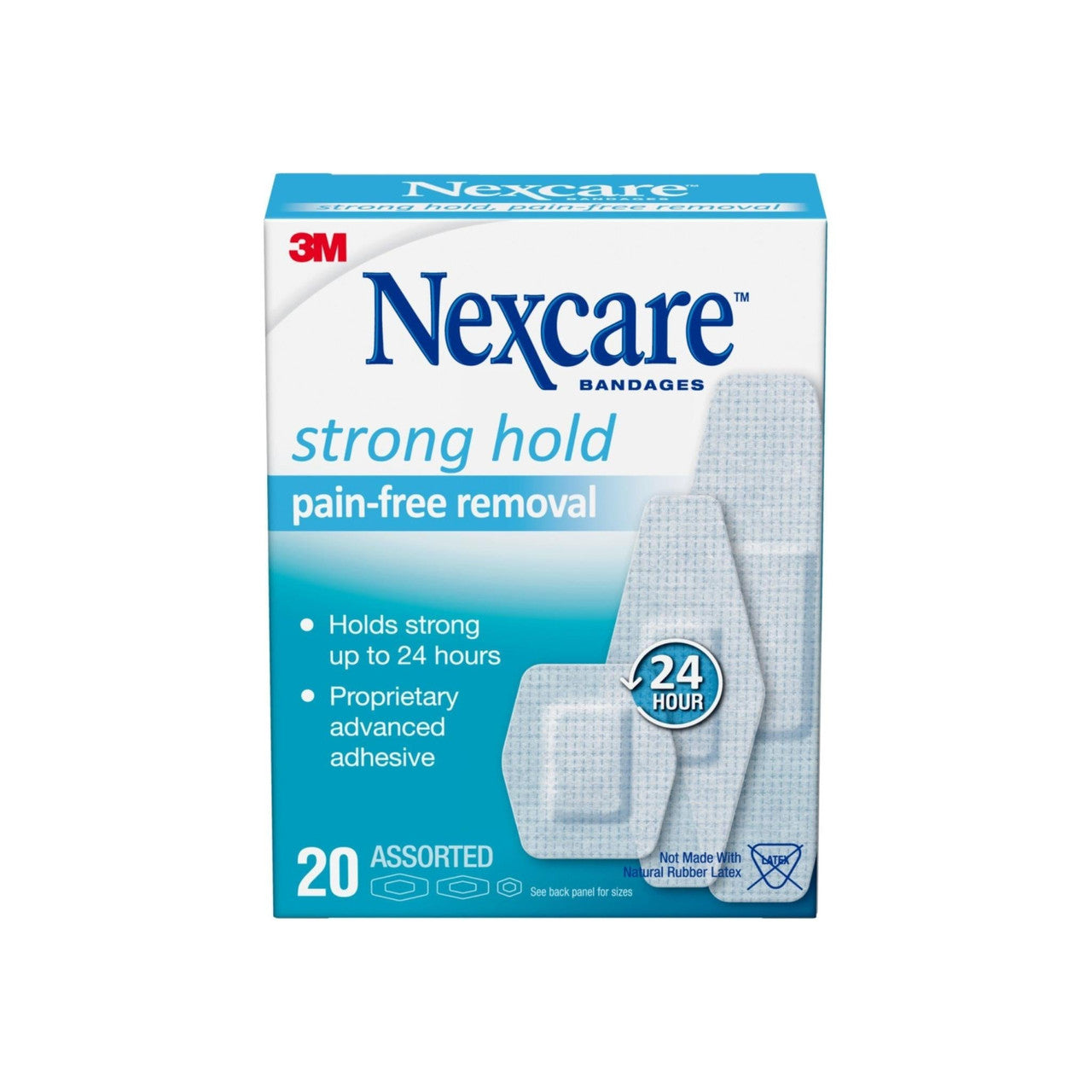 Nexcare Sensitive Skin Bandages in white, assorted sizes, designed for gentle protection on sensitive skin.