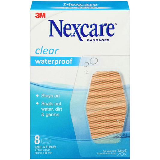 Nexcare Waterproof Bandages for knees and elbows with 360-degree seal, pack of 8, by Pasteur Pharmacy.
