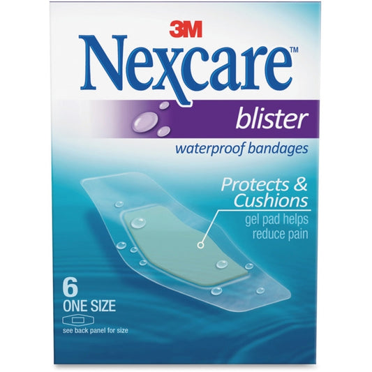 Nexcare waterproof blister bandages with hydrocolloid cushion, one size, 6-count pack, designed for medical tape and bandages.