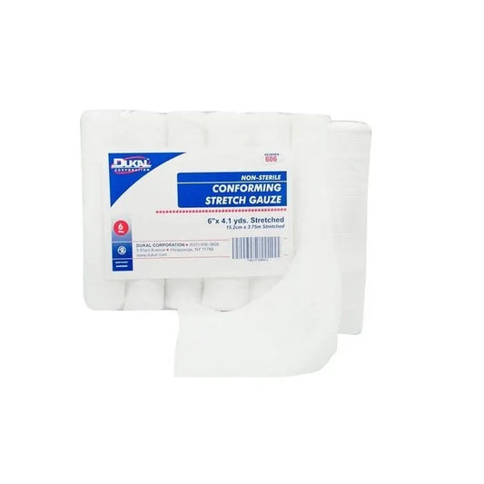 Non-sterile conforming stretch gauze bandage roll by Pasteur Pharmacy, 6-inch medical tape and bandages, six rolls shown.