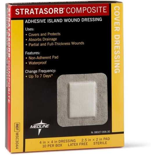 Stratasorb Composite Waterproof Island Dressings 4x4, 10-pack from Pasteur Pharmacy, medical dressings for wound care.