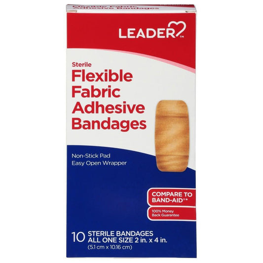 Flexible fabric sterile adhesive bandages from Pasteur Pharmacy, shown in a box of medical tape and bandages for wound care.