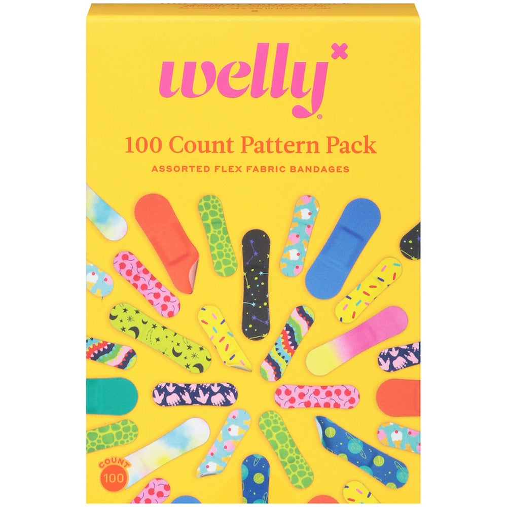Assorted Welly Flex Fabric Bandages from Pasteur Pharmacy, 100-pack with various patterns for first aid and wound care.