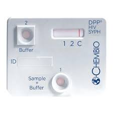 DPP® HIV and Syphilis Dual Rapid Test Kit by Pasteur Pharmacy, showing packaging and test devices for medical testing.