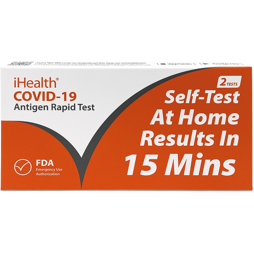iHealth COVID-19 Antigen Rapid Test kit from Pasteur Pharmacy, featuring test device and packaging for medical testing.