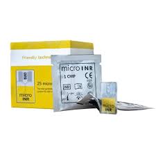MicroINR PT/INR test chips for point-of-care coagulation meter, 25-count, used for blood clotting monitoring by Pasteur Pharmacy.