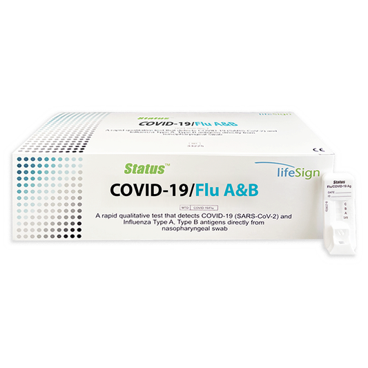 POCT TyFast Flu A/B&C19 rapid medical test kit by Pasteur Pharmacy showing test device and sample collection area.