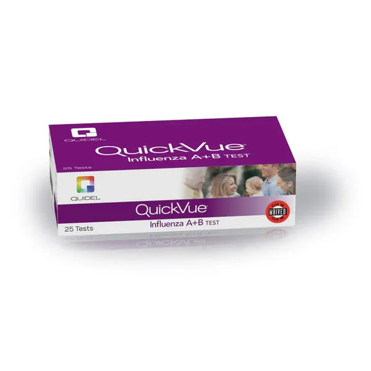 QuickVue Influenza A+B Test Kit by Pasteur Pharmacy, 25 count, medical testing kit for flu detection with nasal swabs.