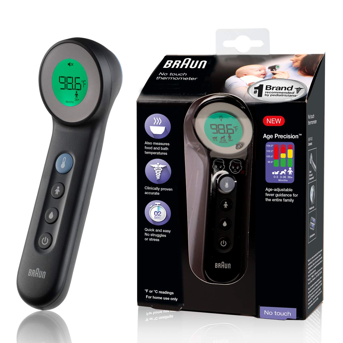 Braun No Touch Thermometer from Pasteur Pharmacy, a medical thermometer with a sleek design for contactless temperature reading.