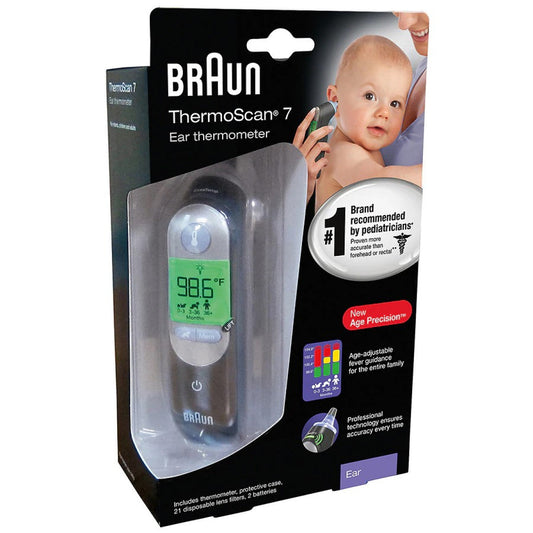 Braun ThermoScan 7 digital ear thermometer with Age Precision, displaying a digital screen and probe for accurate temperature readings.