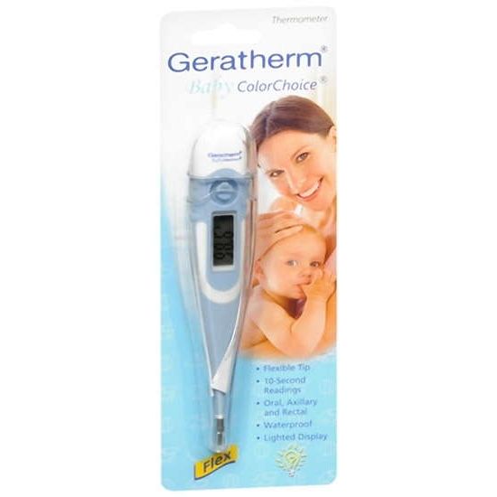 Blue Geratherm Baby ColorChoice medical thermometer showing digital display and temperature reading for infants and children.