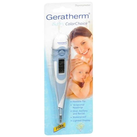 Blue Geratherm Baby ColorChoice medical thermometer showing digital display and temperature reading for infants and children.