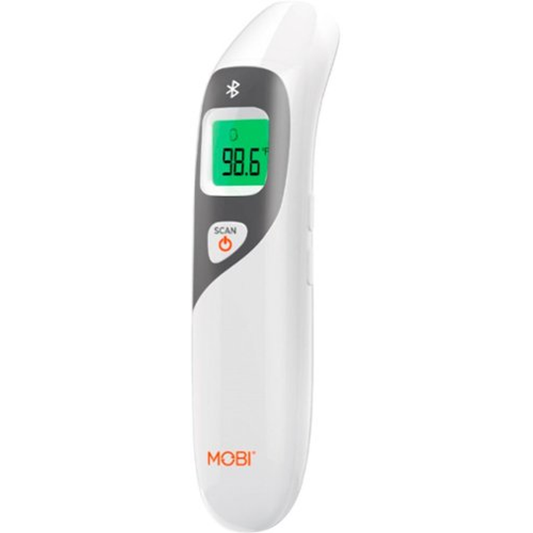 Mobi Smart DualScan Bluetooth thermometer with color LCD display for ear and forehead temperature measurement.