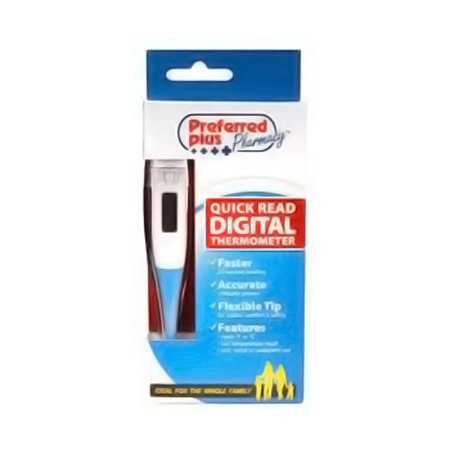 Preferred Plus Quick Read Digital Thermometer by Pasteur Pharmacy showing a flexible probe and digital display in use.