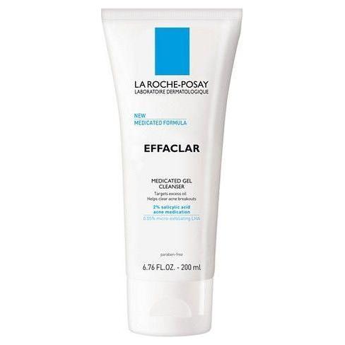 La Roche-Posay Effaclar Medicated Gel Cleanser in a 6.76 oz tube, designed for acne-prone skin, with a white and blue packaging
