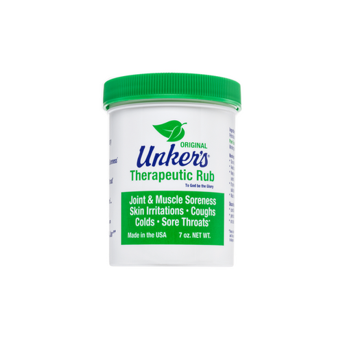 Unker's Original Therapeutic Rub medicated salve in 7 oz jar, soothing formula for muscle and joint relief, by Pasteur Pharmacy