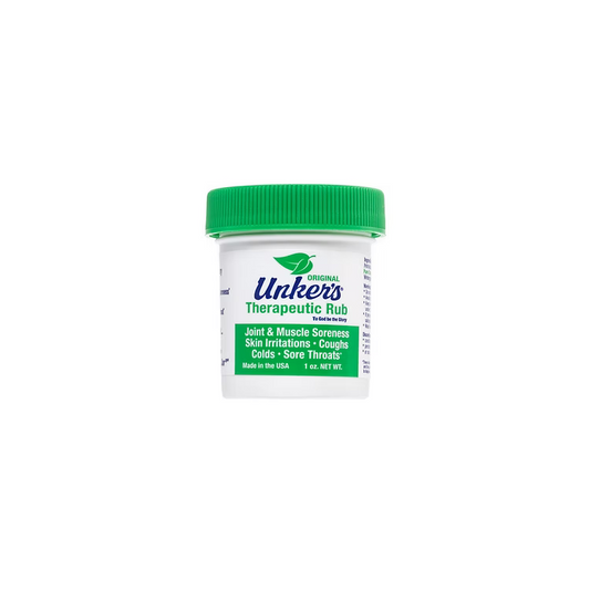 Unker's Original Therapeutic Rub medicated salve in 1 oz travel size, by Pasteur Pharmacy, shown in the image.