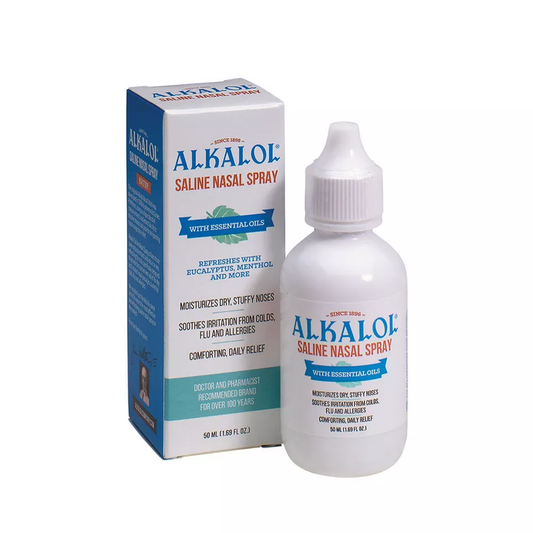 Alkalol Saline Nasal Spray in a 1.69 Fl Oz bottle, placed inside a medicine cabinet, by Pasteur Pharmacy.